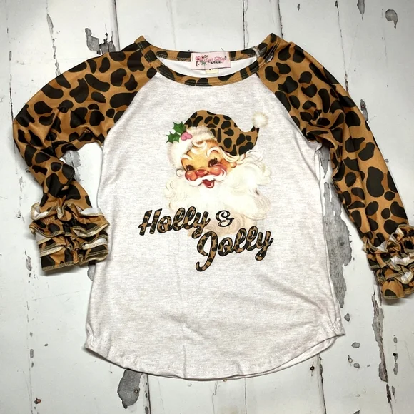 Christmas Santa long ruffle sleeve top Holly and jolly shirt leopard print - Picture 1 of 1